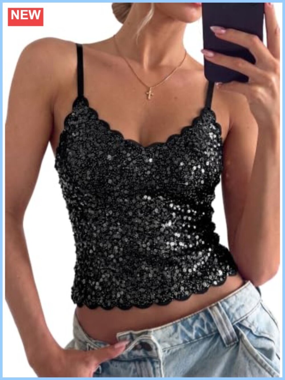 Sequin Sleeveless Tank Top with Built-In Bra Pads - Women's Glitter Party